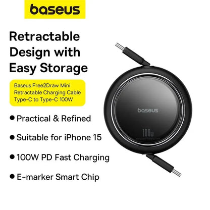 Baseus 100W Retractable USB C Cable for MacBook iPad Fast Charging Cable for iPhone 15 Plus Pro Max Type C Cable for Xiaomi Samsung (Delivery time is approximately 14 to 21 days.)