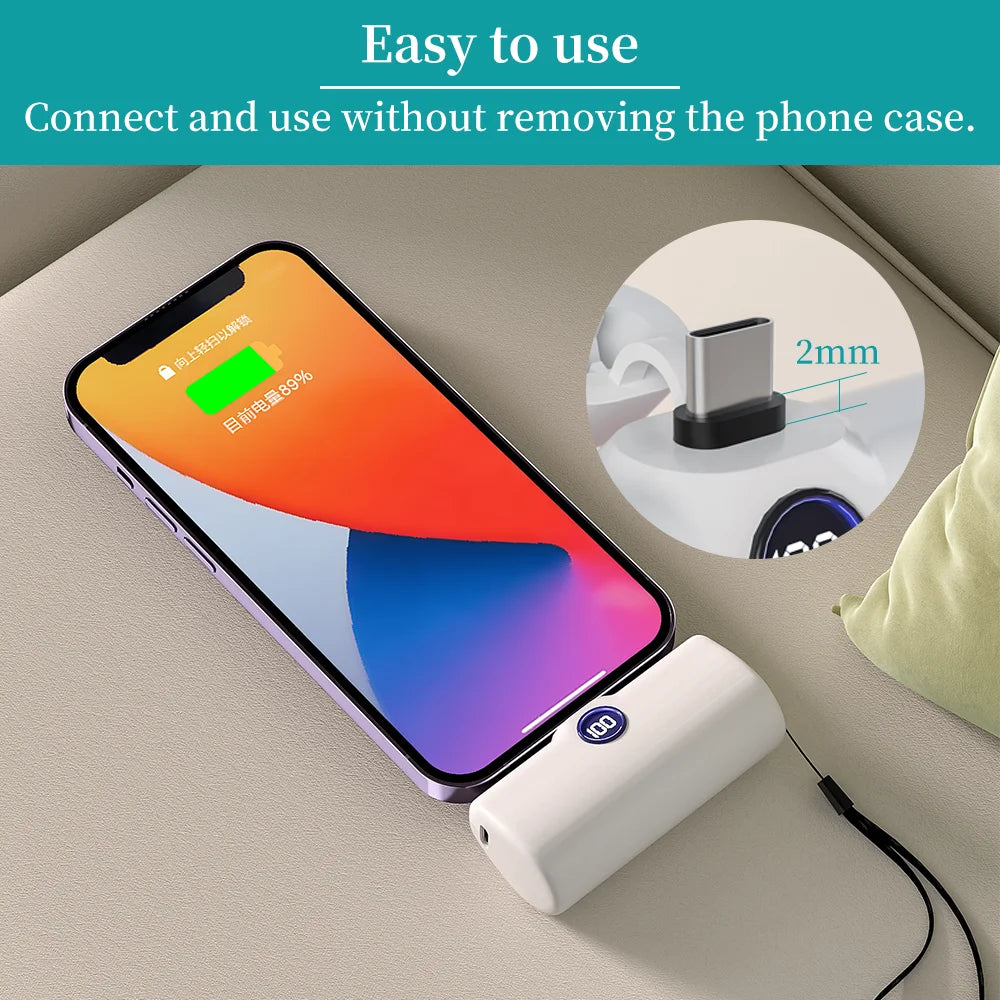 Mini Power Bank 5000mAh Poratable Fast Charge Wireless Type-C/Lightning Plug External Battery Powerbank